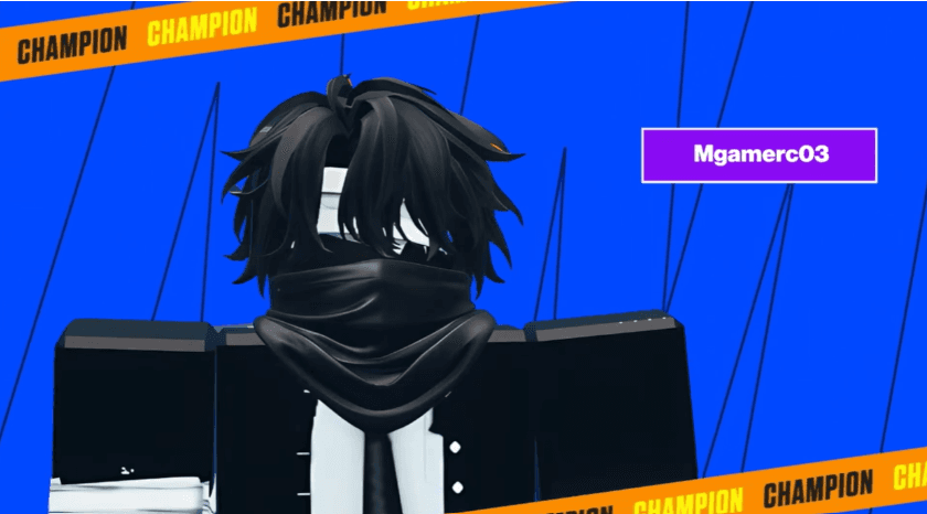 Mgamerc03's Roblox avatar framed by Champion banners after winning Rising Stars Season 2